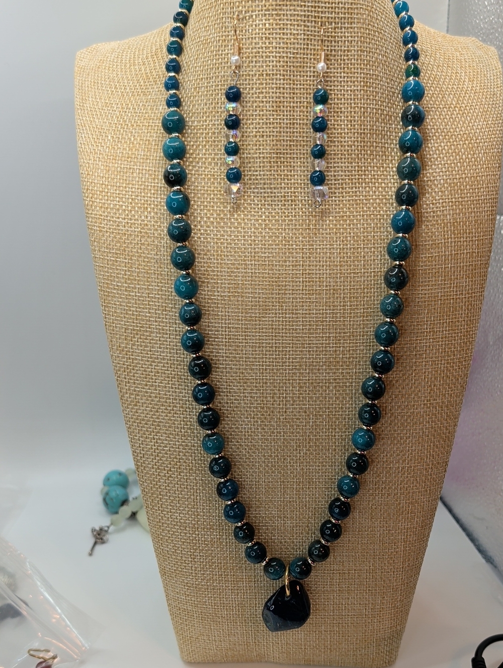 Teal Beaded Necklace and Dangle Earrings Set - Teal Jewelry